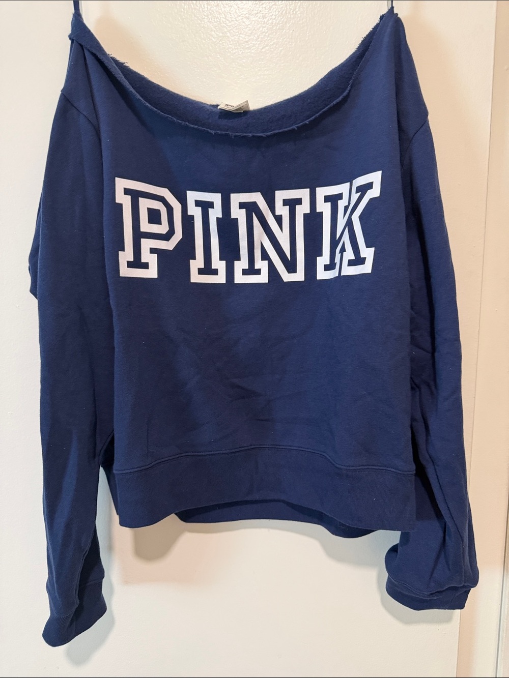 PINK Victoria's Secret Navy Off-Shoulder Pullover Sweatshirt with White Logo